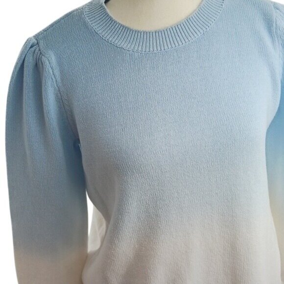 LOFT Sweater Blue Cream Ombre Crew Neck Puff Sleeve Knit Womens Size M - Picture 3 of 7